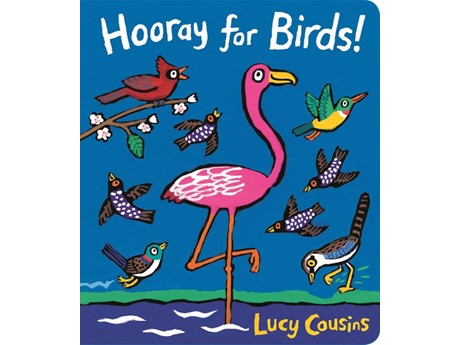 Cover of "Hooray for Birds!" by Lucy Cousins. A vibrant pink flamingo stands on one leg surrounded by colorful flying birds against a blue background.