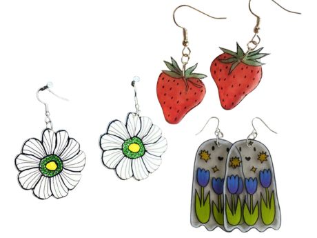 strawberry, flower, and ghost shrinky dink earrings