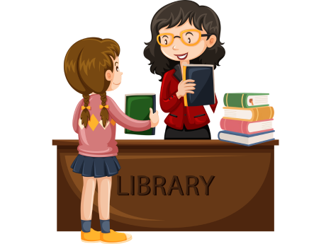 female child holding a book in front of a desk that says "Library" with an older female behind the desk, with a stack of books on the side of the desk