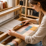 woman using cloth loom