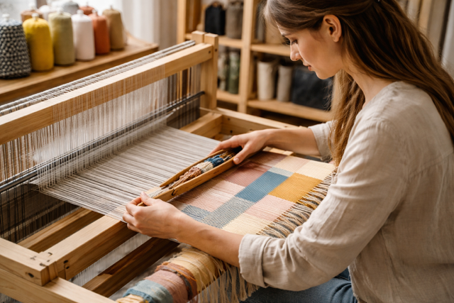 woman using cloth loom