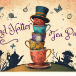 Mad Hatter Tea Party: A stack of tea cups topped with a hat. A watch is attached midway up the stack. In the background are butterflies, flying clocks, and silhouettes of teapots.