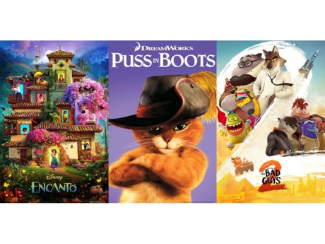 Encanto, Puss in Boots, and Bad Guys 2 movie posters