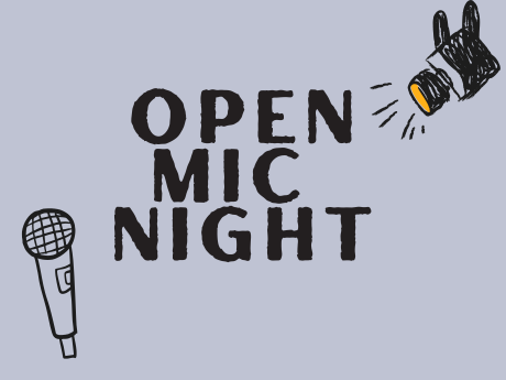 Open Mic Night image with a microphone and spotlight
