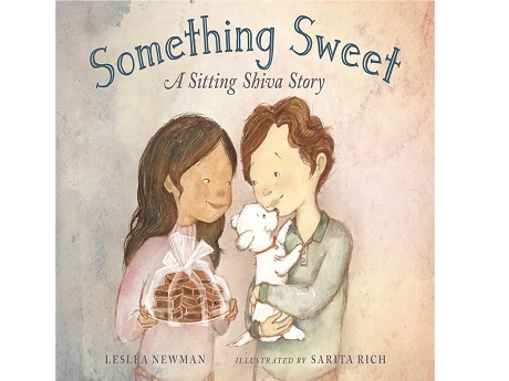 Book cover of Something Sweet: A Sitting Shiva Story by Leslea Newan and illustrated by Sarita Rich. A boy holds a white puppy and a girl holds packaged bag of snacks