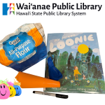 A picture of the book My Friend, Loonie alongside the materials for the accompanying craft activity: a bag of flour, a paper funnel, a pen, and a flour-filled stress ball made from a balloon.