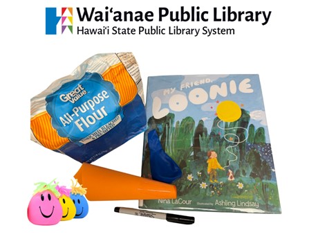 A picture of stress ball kit with flour, a funnel, a marker, three colorful stress balls, and the children's book My Friend Loonie.