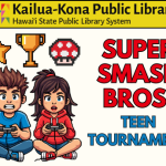 Super Smash Bros. Teen Tournament logo with two teens playing video games. A gold star, gold trophy, and red-and-white mushroom floats over their heads.