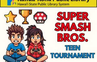 Super Smash Bros. Teen Tournament logo with two teens playing video games. A gold star, gold trophy, and red-and-white mushroom floats over their heads.