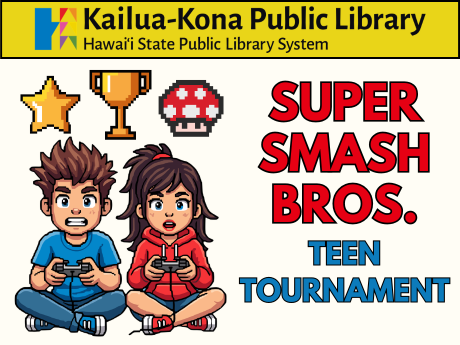 Super Smash Bros. Teen Tournament logo with two teens playing video games. A gold star, gold trophy, and red-and-white mushroom floats over their heads.