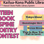 Teen Book Spine Poetry Contest featuring a stack of books stating: Tokyo Ghoul / Gunslinger Girl / Divine Rivals / This Is How You Fall in Love
