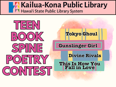 Teen Book Spine Poetry Contest featuring a stack of books stating: Tokyo Ghoul / Gunslinger Girl / Divine Rivals / This Is How You Fall in Love