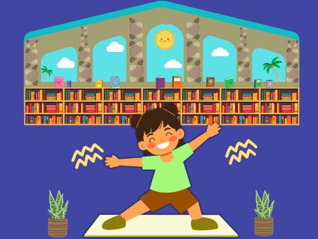 kid doing yoga in a library