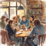 five adults sitting at a table some holding books
