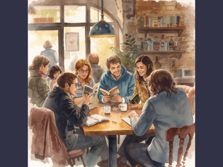 five adults sitting at a table some holding books