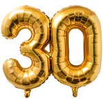 A picture of gold-colored mylar balloons in the shape of the number "30"
