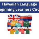 text Hawaiian Language Beginning Learners Circle in box. People in front of Hawaiian flag saying multiple phrases.