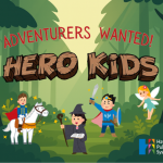 Text reads ""Adventurers Wanted! Hero Kids" with an image of a forest with magical characters