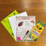 Packets and a Crayola colored pencils box on a wooden table. Papers include instructions with a red ladybug illustration, and there's a fine-tip pen.