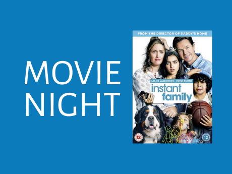 Blue background with 'movie night' on the left of the movie poster for Instant Family