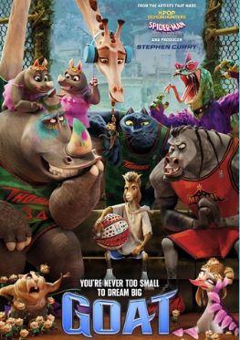 Photo show the cover art for the movie Goat, features a small goat sitting in the center holding a basketball among a crowd of large, intimidating animals such as a Rhino to his right, a panther behind him, and a mustang to his left.