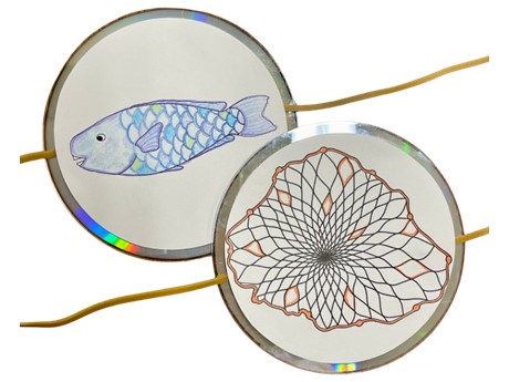Two circular discs display a hand-drawn blue fish, the other a fishing net.