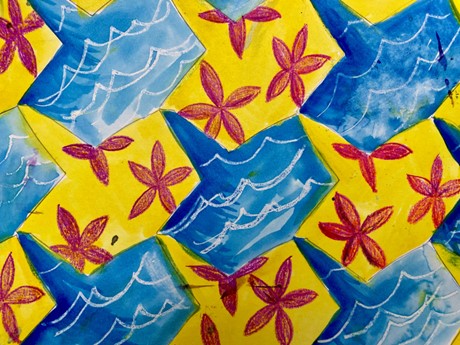 tessellation artwork with ocean and flower panels