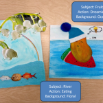 A whimsical art collage features a flower and fish under a blue sky, and a dreaming fruit in a blue hat on an ocean background with thought bubbles.