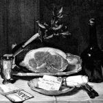 Black and white photo of a still life painting of a beef roast, a letter, and a newspaper.