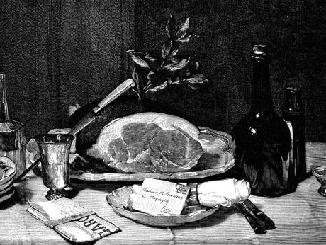 Black and white photo of a still life painting of a beef roast, a letter, and a newspaper.