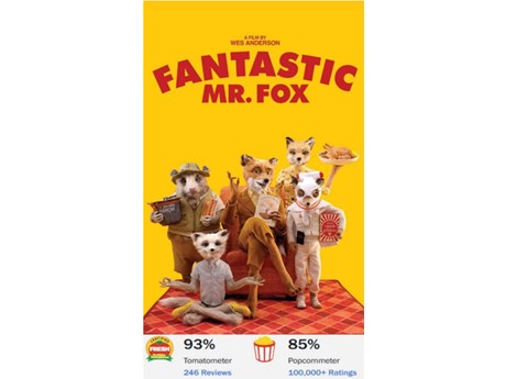 A movie poster for Fantastic Mr Fox, with an animated fox family with a yellow background