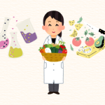 Illustration of woman holding basket of fruit with flasks and ingredients floating around her