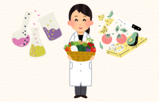 Illustration of woman holding basket of fruit with flasks and ingredients floating around her