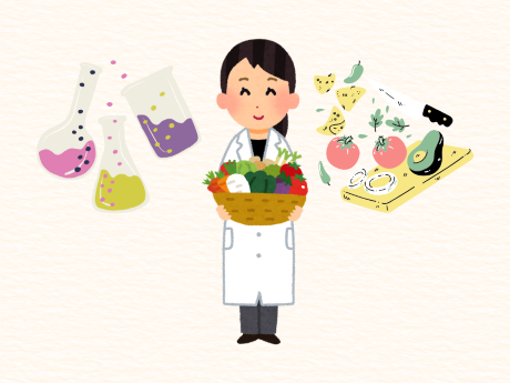 Illustration of woman holding basket of fruit with flasks and ingredients floating around her