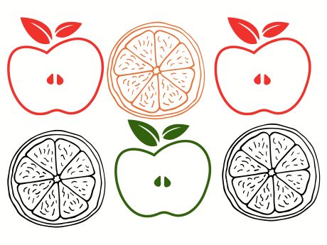 Outlines of oranges and apples' halves in different colors