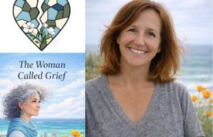 Photo includes three images, on the top left is a cracked heart made of blue green and white pieces designed by the author, the cover of the author's book The Woman Called Grief, and a picture of the author with a beach and waves in the background.