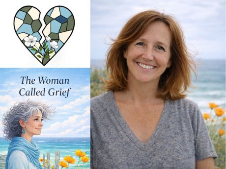 Photo includes three images, on the top left is a cracked heart made of blue green and white pieces designed by the author, the cover of the author's book The Woman Called Grief, and a picture of the author with a beach and waves in the background.