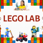 A child building a robot out of LEGO bricks, 2 cartoon bees with books, and various LEGO characters surrounded by LEGO bricks. The words LEGO LAB are in the center.