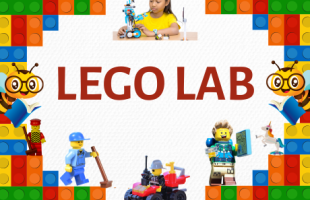 A child building a robot out of LEGO bricks, 2 cartoon bees with books, and various LEGO characters surrounded by LEGO bricks. The words LEGO LAB are in the center.