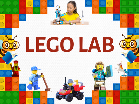 A child building a robot out of LEGO bricks, 2 cartoon bees with books, and various LEGO characters surrounded by LEGO bricks. The words LEGO LAB are in the center.