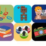 Different activities and icons in squares of various colors. Icons include: ring toss, books, jenga, camera, and stuff animals on shelf.