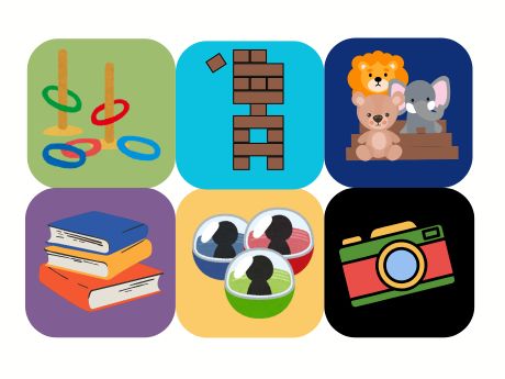 Different activities and icons in squares of various colors. Icons include: ring toss, books, jenga, camera, and stuff animals on shelf.