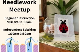 Banner advertising needlework program. Reads "Needlework Meetup. Beginner Instruction 9:30am-11:30am. Independent stitching 1:00pm-3:30pm. Clipart of spools of thread are lined up along the bottom of the image. To the right there's a photo of a cross-stitch ladybug.