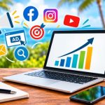 Laptop displaying a rising bar chart beside a phone, notebook, and pen, with social media, video, email, and advertising icons floating nearby, suggesting upbeat digital marketing growth.