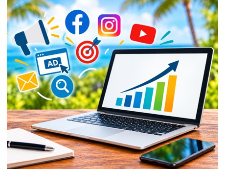 Laptop displaying a rising bar chart beside a phone, notebook, and pen, with social media, video, email, and advertising icons floating nearby, suggesting upbeat digital marketing growth.