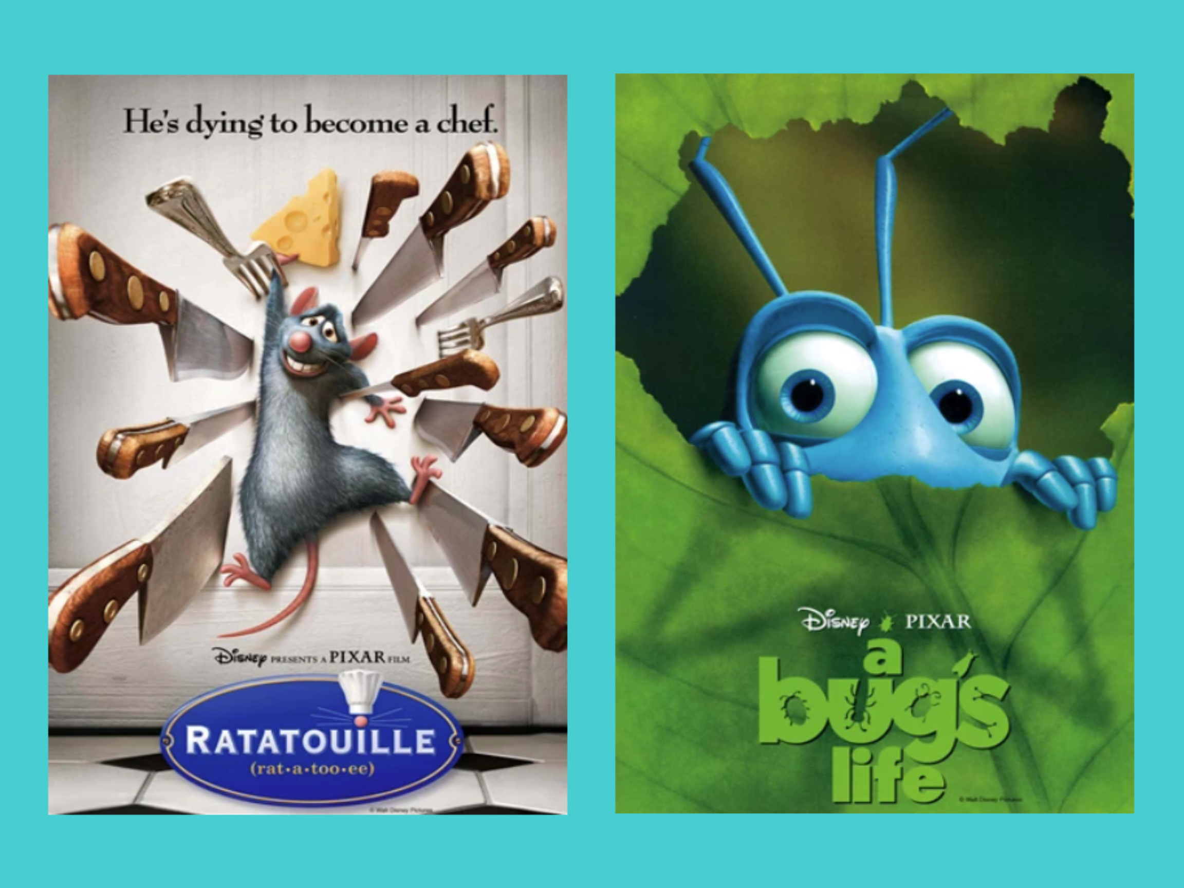 Movie posters for the movies "Ratatouille" and "A Bug's Life"