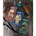 Books on table with short swords and blue bottle