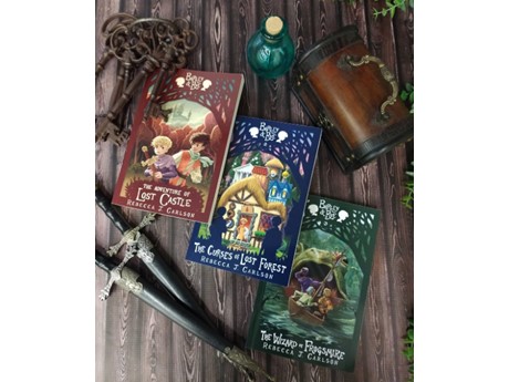 Books on table with short swords and blue bottle