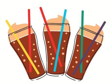 Three cups are filled with root beet and whip cream at the top with two different color of straws in each glass cup