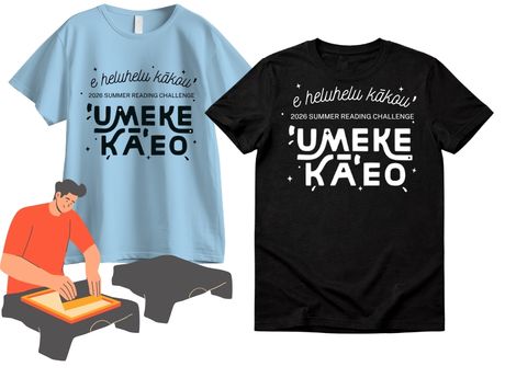 black and blue t-shirts with white and black print with 2026 summer reading challenge logo 'umeke ka'eo